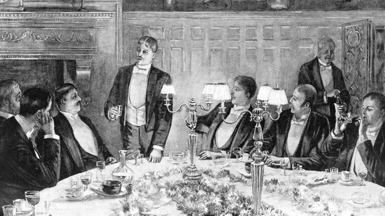 historical photo of men drinking at dinner