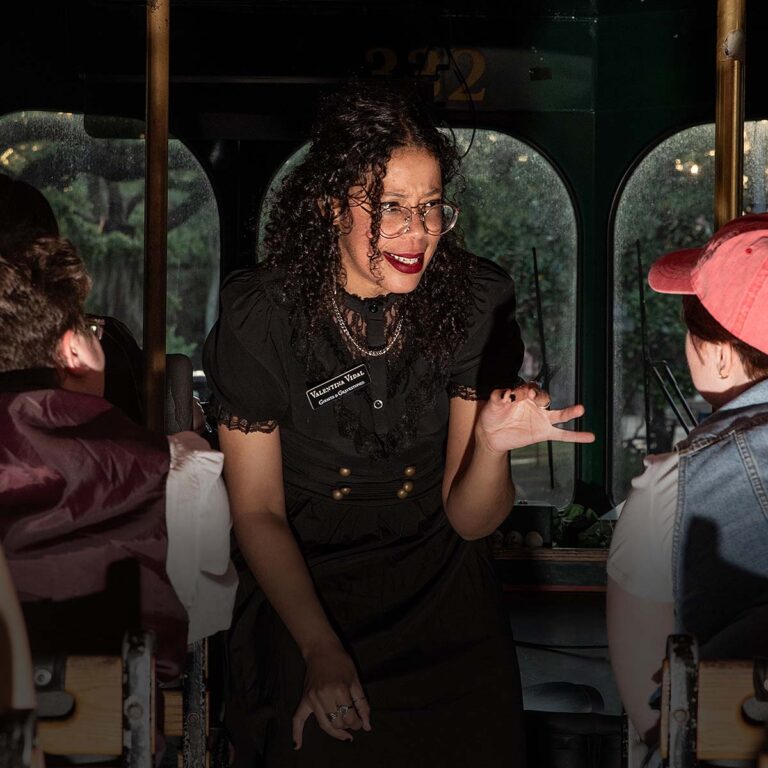 ghost town trolley guests with guide